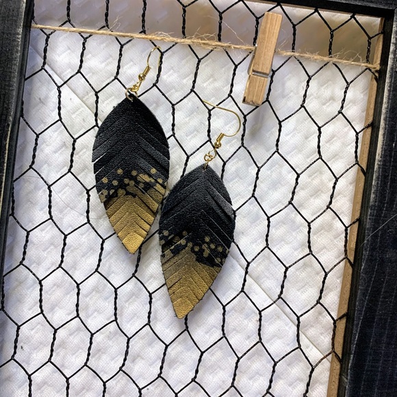 Handmade Gold &Black Leather Feathered Earrings - Picture 2 of 4